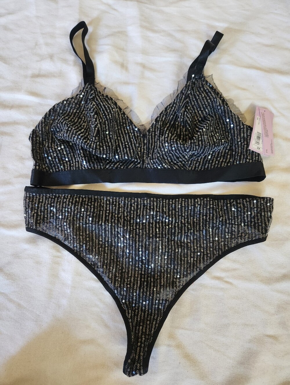 NWT Black Sequin Bralette & Thong Lingerie Set 2X